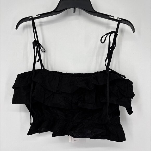 Aqua Tops - Aqua Women's Linen-Blend Tie Straps Ruffle Cropped Tank Top Black Size M NWT